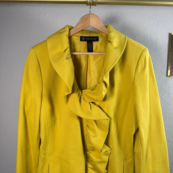 INC International Concepts Womens Yellow Ruffle Front Ponte Knit Jacket Large - Picture 3 of 8